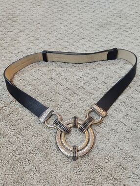 Chico's Black Leather Adjustable Belt with Silver Interlocking Circle Buckle